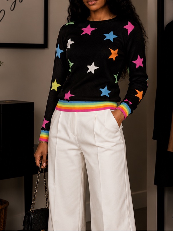 Brodie Cashmere Black Crewneck Sweater With Multicolor Stars & Rainbow Trim